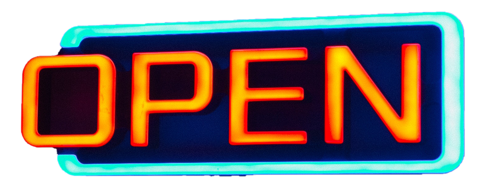Yellow And Teal Open Neon Sign PNG
